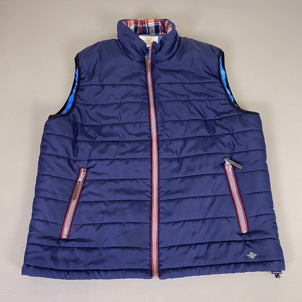Flag and Anthem Puffer Vest Men's XL‎ Navy Blue  Plaid Collar Full Zip Quilted